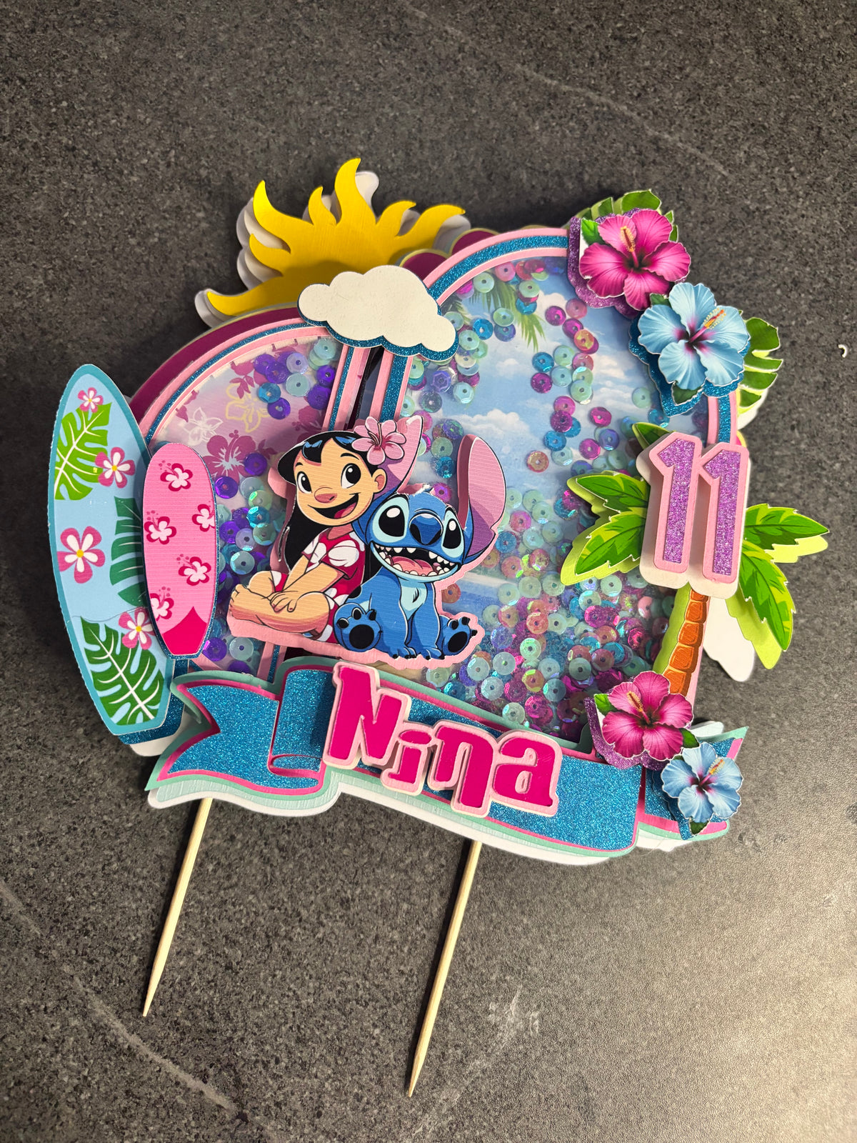 Cake Topper Stitch à la plage personnalisé – Décoration gâteau anniversaire