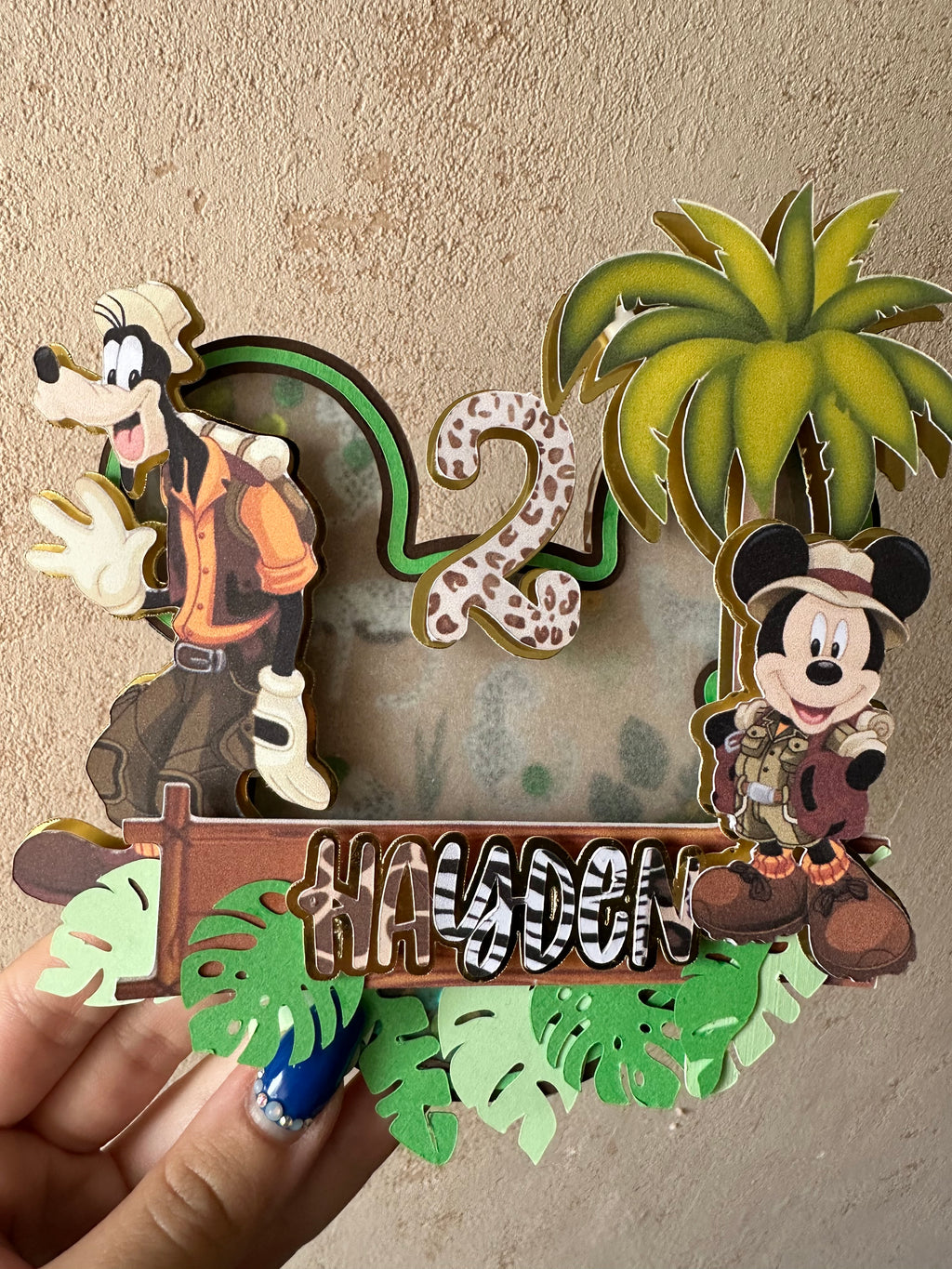 Cake Topper Mickey Safari personnalisé – Décoration gâteau anniversaire